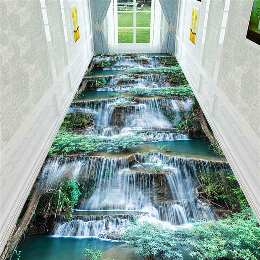 3D Landscape Rug, 2x10ft, 3D Waterfall and Green Plant Print Long Runner Carpet, Optical Illusion Rugs, Modern Anti-Slip Washable Floor Mats for Bedroom Living Room Bathroom Hallway Decor