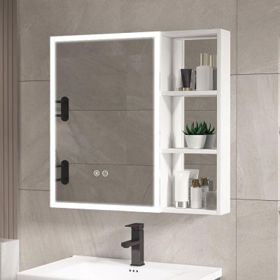 Bathroom LED Mirrored Medicine Cabinet Lighted Medicine Cabinet Wall Mounted Mirror Cabinet with 3 Storage Shelf Medicine Cabinet with Led Lights and Defogger ( Color : White , Size : 70x68x12cm )