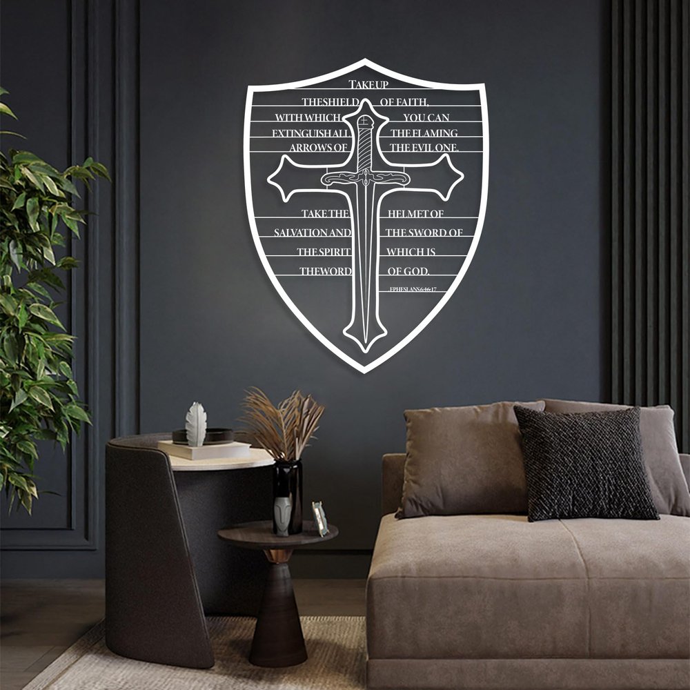 Armour of God Metal Wall Art, Epheslans 6:16-17 Bible Verse Art, Christian Cross Wall Decor - Religious Home Decor (20"x15" | 50x39cm, White)