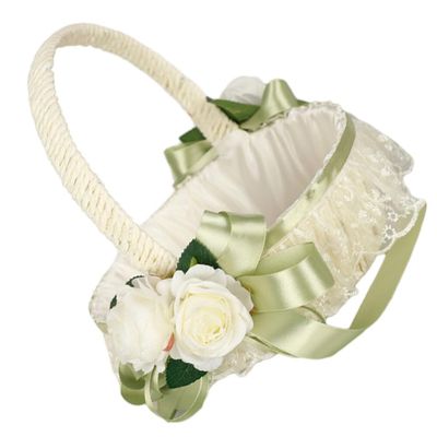 Toyvian Wedding Ribbon Basket Girl Basket Pearl Lace Romantic Large Wedding with Satin Flowers and Bow for Girls, Ceremony