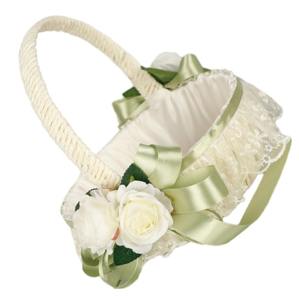 Toyvian Wedding Ribbon Basket Girl Basket Pearl Lace Romantic Large Wedding with Satin Flowers and Bow for Girls, Ceremony