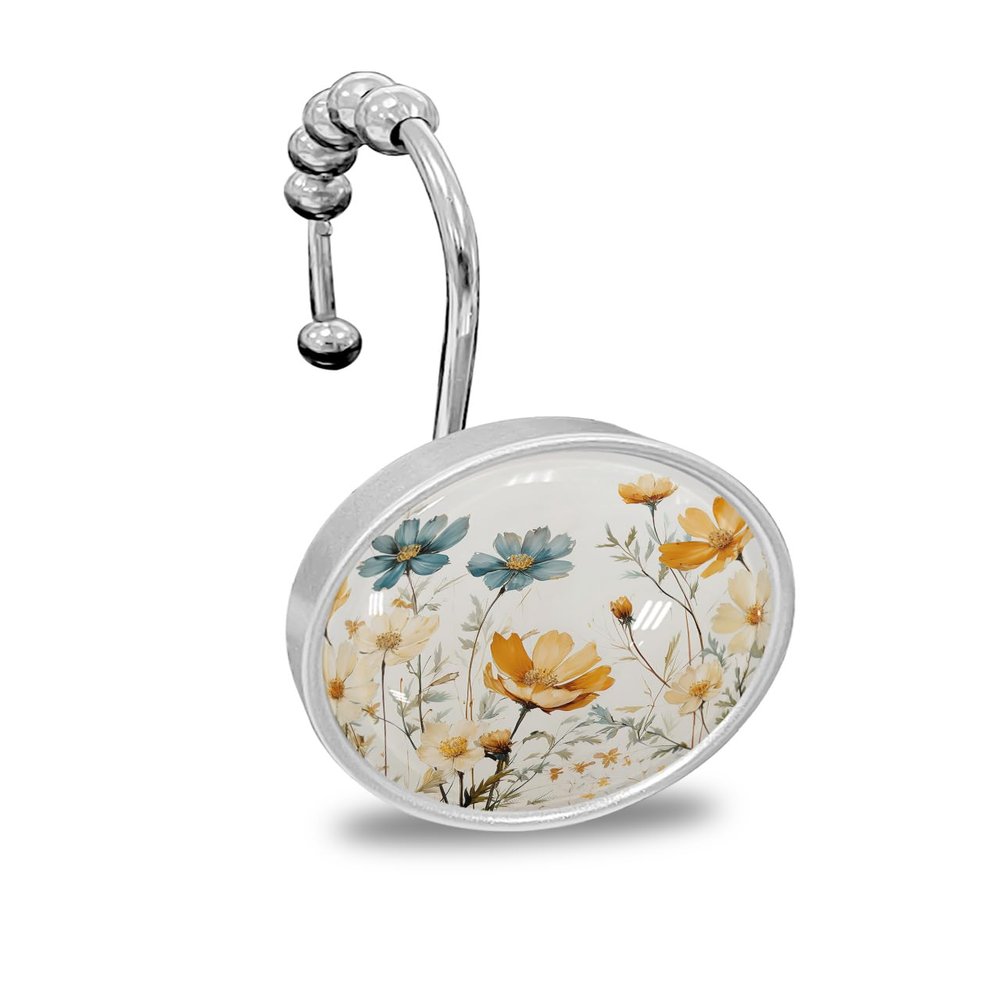 Spring Shower Curtain Hooks, Floral Flower Bud Leaves Watercolor Style 12PCS Shower Curtain Hooks Rings for Bathroom Stainless Steel Rust Resistant Shower Curtain Hangers