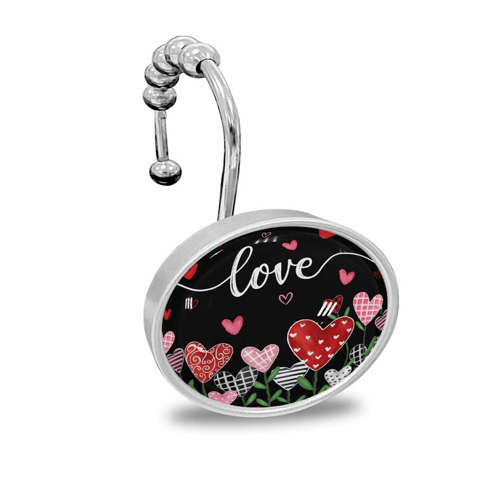 Valentine's Day Shower Curtain Hooks, Romantic Love Heart Trees Black Background 12PCS Shower Curtain Hooks Rings for Bathroom Stainless Steel Rust Resistant Shower Curtain Hangers
