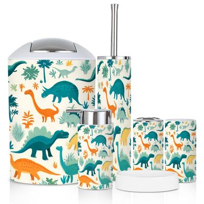 Bathroom Accessory Set 6 Piece Hand Drawn Dinosaurs Tropical Leaves Flowers for Kids Toothbrush Holder, Toothbrush Cup, Soap Dispenser, Soap Dish, Toilet Brush Holder, Trash can for Countertop