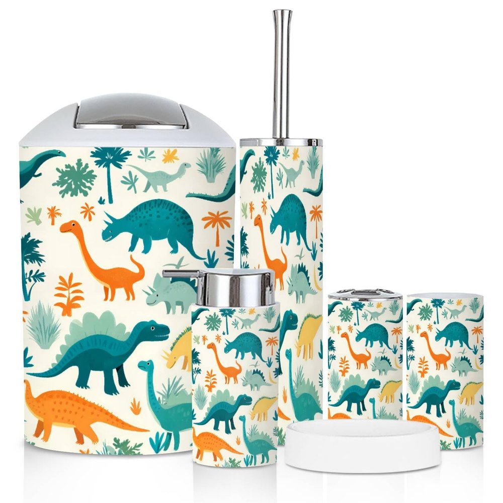 Bathroom Accessory Set 6 Piece Hand Drawn Dinosaurs Tropical Leaves Flowers for Kids Toothbrush Holder, Toothbrush Cup, Soap Dispenser, Soap Dish, Toilet Brush Holder, Trash can for Countertop