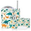 Bathroom Accessory Set 6 Piece Hand Drawn Dinosaurs Tropical Leaves Flowers for Kids Toothbrush Holder, Toothbrush Cup, Soap Dispenser, Soap Dish, Toilet Brush Holder, Trash can for Countertop view 1