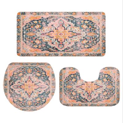Wotrend Medieval Turkish Patterns 3 Piece Bath Rugs Set Mural Wallpaper Retro Bathroom Mats Absorbent Contour Soft Mat Toilet Lid Cover Bathroom Decor Set, 20"x32"+16"x18"+16"x20"