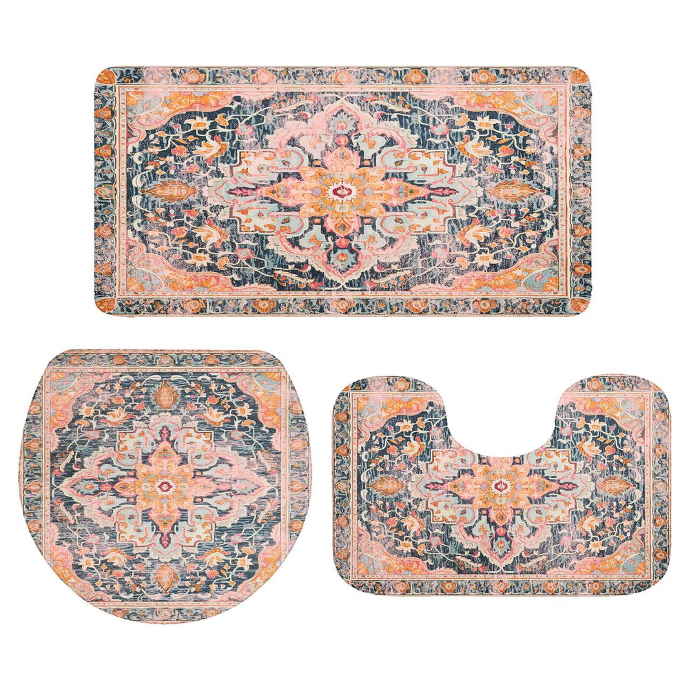 Wotrend Medieval Turkish Patterns 3 Piece Bath Rugs Set Mural Wallpaper Retro Bathroom Mats Absorbent Contour Soft Mat Toilet Lid Cover Bathroom Decor Set, 20"x32"+16"x18"+16"x20"