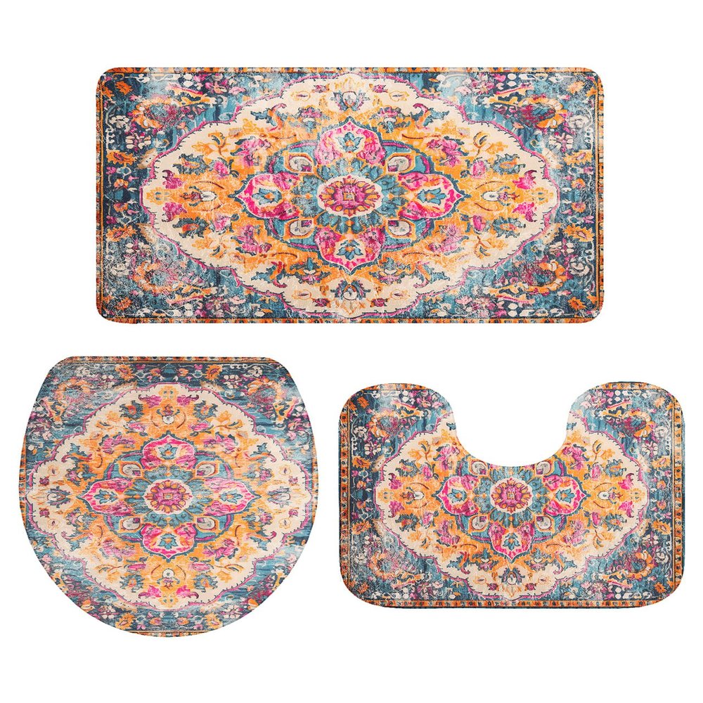 Wotrend Retro 3 Piece Bath Rugs Set Turkish Patterns Medieval Mural Wallpaper Bathroom Mats Absorbent Contour Soft Mat Toilet Lid Cover Bathroom Decor Set, 20"x32"+16"x18"+16"x20"