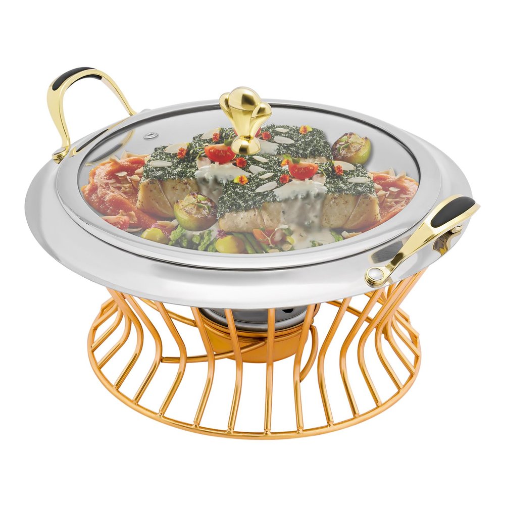 Buffet Servers and Warmers, Round Stainless Steel Chafing Dish Buffet, 2L Catering Chafers and Buffet Warmers with Fuel Holder (Silver+Golden, 2L)