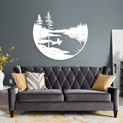 Cadeali Forest and Lake Metal Wall Decor, Trees Metal Wall Art, Nature and Forest Decoration, Mountain Landscape Decor, Rustic Wall Hanging for Living Room, Farmhouse (24"x21" | 60x54cm, White)