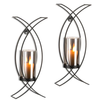 Walasis Candle Sconces Decorative Wall Art Set of 2 Black - Hurricane Candle Wall Sconce Decor Iron Two Candle Holders Modern Candle Sconces for Indoor Fireplace Kitchen Dining Room