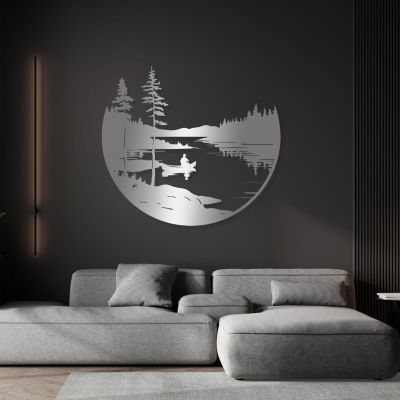 Cadeali Forest and Lake Metal Wall Decor, Trees Metal Wall Art, Nature and Forest Decoration, Mountain Landscape Decor, Rustic Wall Hanging for Living Room, Farmhouse (24"x21" | 60x54cm, Silver)