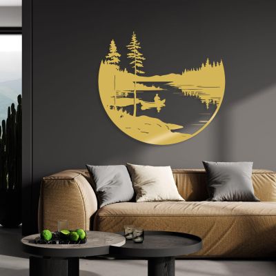 Forest & Lake Metal Wall Art - Nature Decor, Farmhouse Style, Landscape Design, Living Room - 35"x31", Gold