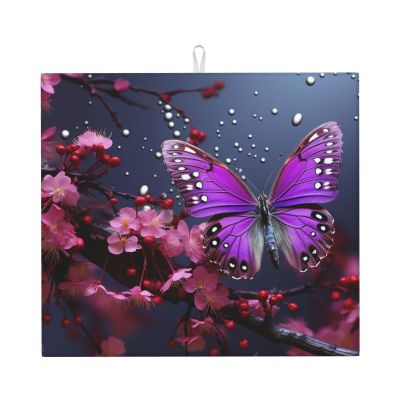 Dish Drying Mat for Kitchen Counter, Absorbent Microfiber Drainer Mats, Non-slip Kitchen Draining Mat for Coffee Machine Dish Rack Pad 18"x16" Purple plum butterfly Dish Drainer Pad