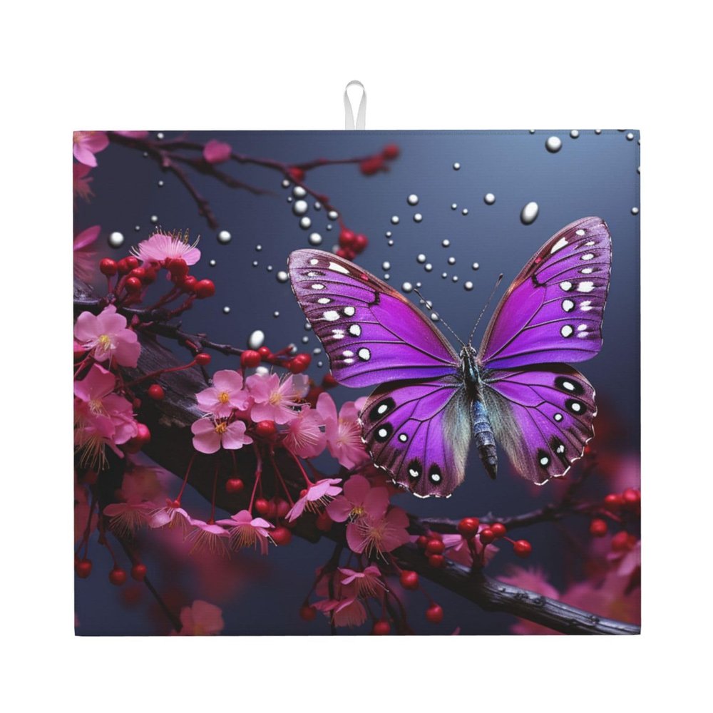 Dish Drying Mat for Kitchen Counter, Absorbent Microfiber Drainer Mats, Non-slip Kitchen Draining Mat for Coffee Machine Dish Rack Pad 18"x16" Purple plum butterfly Dish Drainer Pad