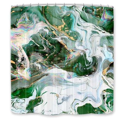 JAWO Green Marble Shower Curtain Cool Colorful Gouache Rainbow Gold Crack Sage Green Emerald Green Long Shower Curtain Set, Modern Abstract Waterproof Shower Curtain Marble, Hooks Included