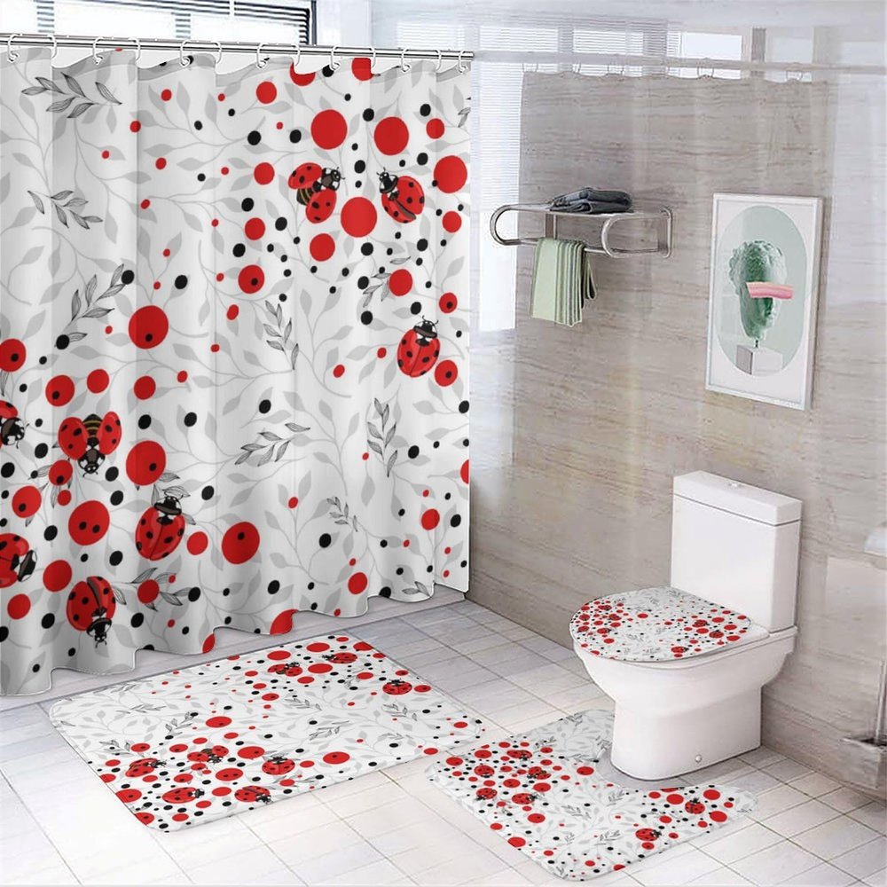 FBMLBRB Brebasf Modern Boho Floral Ladybug 4 Pieces Shower Curtain Set,Rustic Farmhouse Spring Eucalyptus Leaf Ladybugs Non-Slip Rugs Toilet Lid Cover Bath Mat and Bathroom Curtain