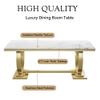 68.11" White Marble Dining Table, Luxurious Marble Table Dining with 0.71" Thick Printed Marble Tabletop and Gold U-Shape Stainless Steel Pedestal, Modern Kitchen Dining Room Table for 8 view 4