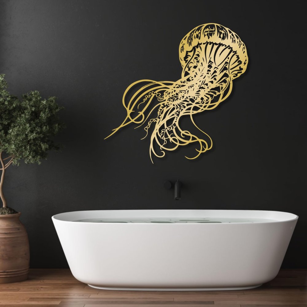 Jellyfish Metal Wall Art, Jellyfish Wall Art, Marine Metal Wall Sign, Sea Life Ocean Wall Decor, Sea Life Wall Art, Metal Wall Art, Living Room,Bedroom,Bathroom or Kitchen Wall Decor (23"x 22"| 60x58cm, Gold)