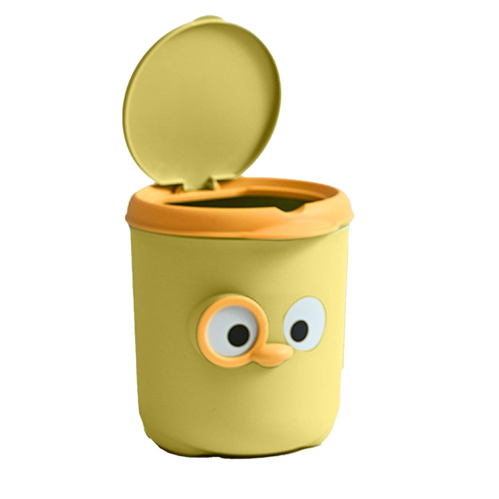 WOOXGEHM Plastic Mini Trash Can with Lid, Cute Cartoon Design, Small Desktop Trash Can for Home/Office/Kitchen/Dresser Desktop/Bedroom/Bathroom(Yellow)