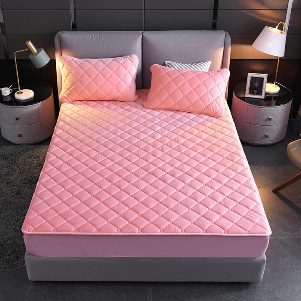 LMXSHJI Fitted Sheet Quilted Layer Crystal Velvet Fabric Mattress Protector Cover Elastic Band Fixation Single Double Toppers Deep up to 30cm (Color : Pink, Size : 63"x78.7"+11"/160x200cm+28cm)