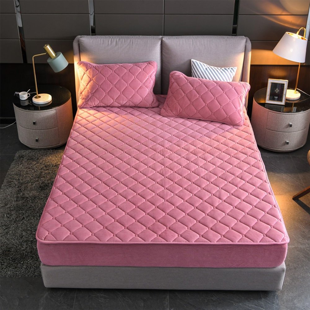 LMXSHJI Fitted Sheet Quilted Layer Crystal Velvet Fabric Mattress Protector Cover Elastic Band Fixation Single Double Toppers Deep up to 30cm (Color : Bean Pink, Size : 55"x74.8"+4"/140x190cm+10cm)