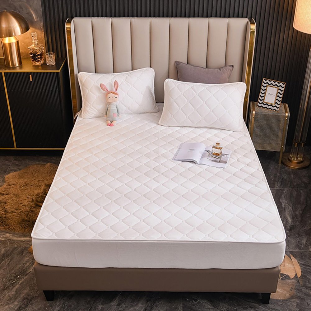 LMXSHJI Fitted Sheet Quilted Layer Crystal Velvet Fabric Mattress Protector Cover Elastic Band Fixation Single Double Toppers Deep up to 30cm (Color : White, Size : 39"x74.8"+11"/100x190cm+28cm)