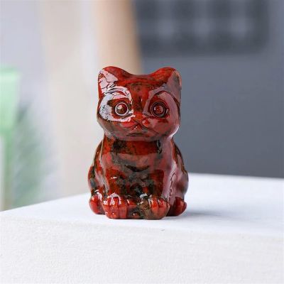 KatLin Natural Crystal Cat Figurines Statue Hand Carved Gemstone Animal Carvings Collectibles Sculpture for Home Office Decor Ornaments (Color : Blood Stone)