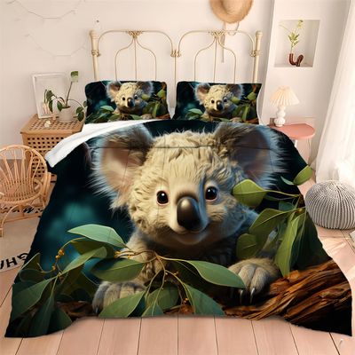 Albideyaa Cute Koala Pattern Full Size Quilt Set for Kids Adult Forest Wildlife Animal Koala Green Leaves Print Comforter Bedding Set for Boys Girls Soft Duvet Set with 2Pillowcases