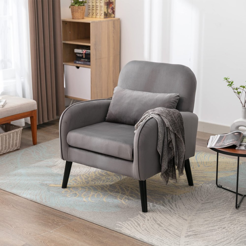 Accent Chair, KD Solid Wood Legs with Black Painting. Fabric Cover The seat. with a Cushion.