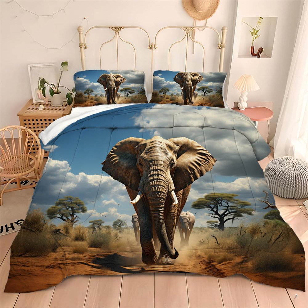 Albideyaa Big Elephant Pattern Quilt Set Outerdoor Natural Scenery Comforter Set Full Size Blue Sky White Cloud Pine Trees Print Bedding Set Kids Adult Duver Set with 2Pillowcases