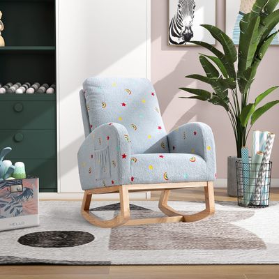 26.8" W Modern Rocking Chair for Nursery, Mid Century Accent Rocker Armchair with Side Pocket, Upholstered High Back Wooden Rocking Chair for Living Room Baby s Room Bedroom, Blue Boucle