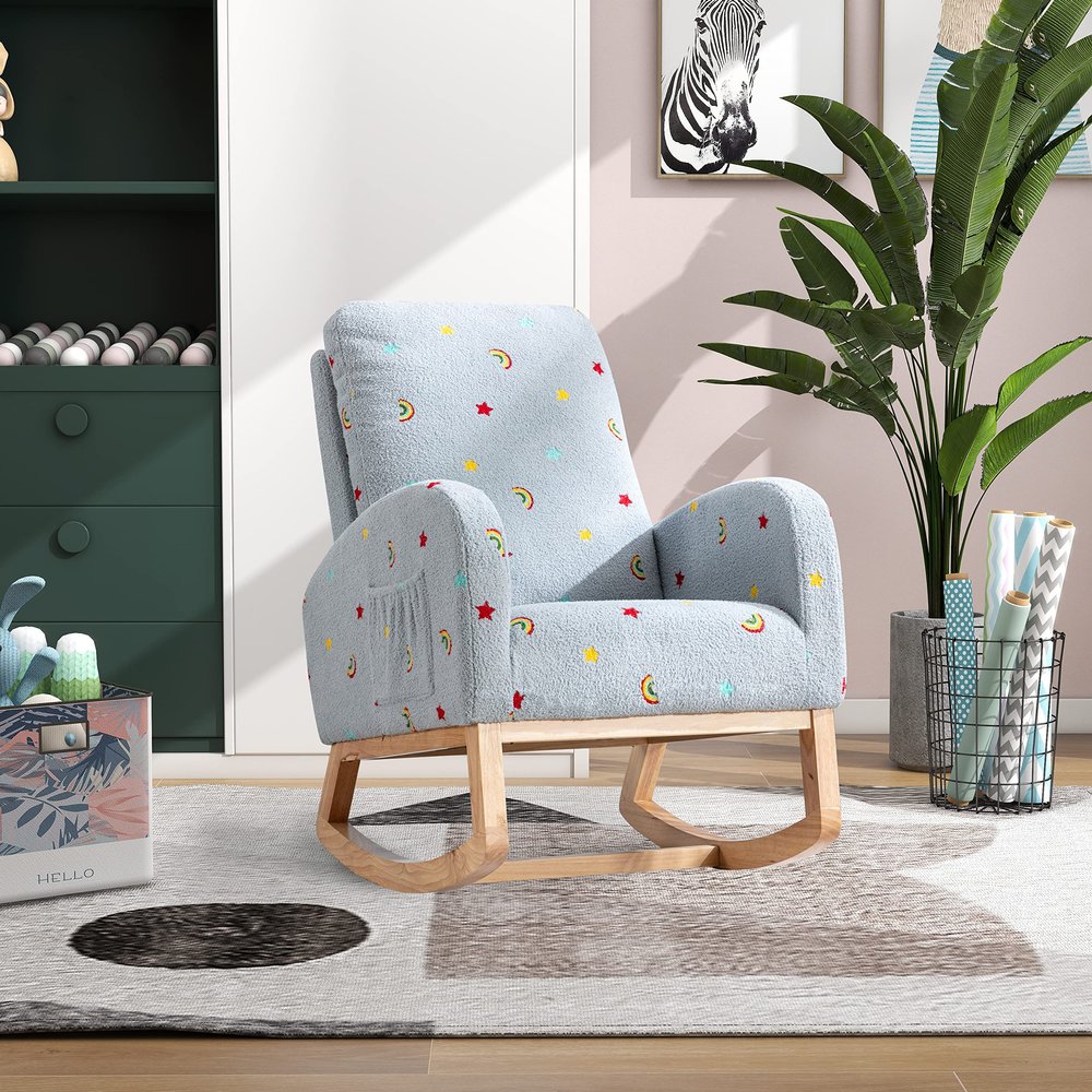 26.8" W Modern Rocking Chair for Nursery, Mid Century Accent Rocker Armchair with Side Pocket, Upholstered High Back Wooden Rocking Chair for Living Room Baby s Room Bedroom, Blue Boucle