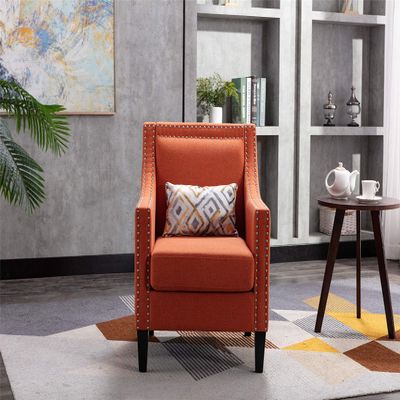 Accent Armchair Living Room Chair with Nailheads and Solid Wood Legs Orange Linen