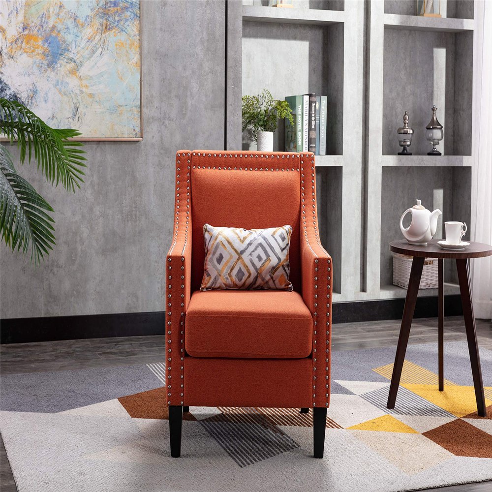 Accent Armchair Living Room Chair with Nailheads and Solid Wood Legs Orange Linen