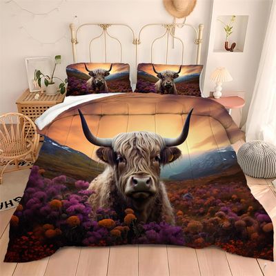 Albideyaa Highland Cattle in Flowers Patern Quilt Set Queen Size 3D Sunset Natural Scenery Print Kids Adult Bedroom Comforter Set Animal Theme Bedding Set with 2Pillowcases