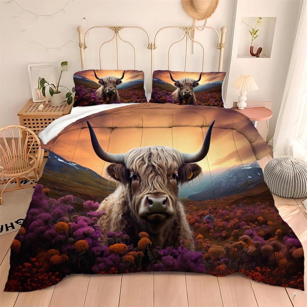 Albideyaa Highland Cattle in Flowers Patern Quilt Set Queen Size 3D Sunset Natural Scenery Print Kids Adult Bedroom Comforter Set Animal Theme Bedding Set with 2Pillowcases