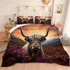 Albideyaa Highland Cattle in Flowers Patern Quilt Set Queen Size 3D Sunset Natural Scenery Print Kids Adult Bedroom Comforter Set Animal Theme Bedding Set with 2Pillowcases view 1