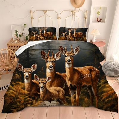 Albideyaa Brown Forest Wildlife Sika Deers Quilted Bedding Set for Kids Adult Wildlife Animal 3D Print Full Size Comforter Set Sika Deers Pattern Quilt with 2Pillowcases
