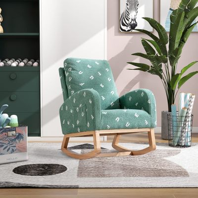 26.8" W Modern Rocking Chair for Nursery, Mid Century Accent Rocker Armchair with Side Pocket, Upholstered High Back Wooden Rocking Chair for Living Room Baby Room Bedroom, Green Boucle