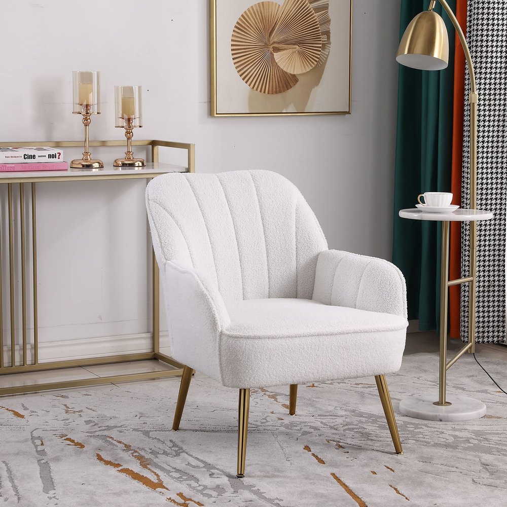 Modern Soft White Teddy Fabric Ivory Ergonomics Accent Chair Living Room Chair Bedroom Chair Home Chair with Gold Legs and Adjustable Legs for Indoor Home