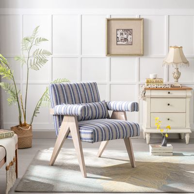 Accent Chair, KD Rubber Wood Legs with Black Finish. Fabric Cover The seat. with a Cushion.Blue Stripe