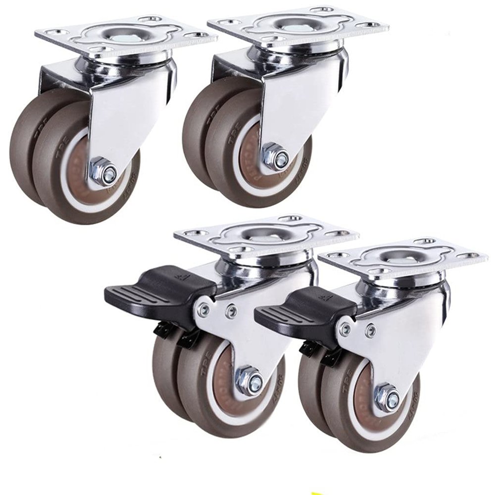 Computer Chair, 4pcs 2 Inch Brake Swivel Caster Wheels for Trolley Pallet Universal Mute Soft Rubber Heavy Duty Rollers Furniture Hardware
