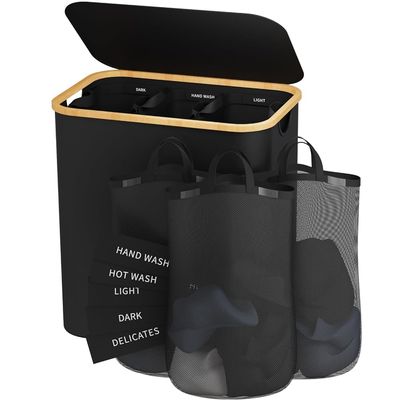 Laundry Hamper 3 Section, 145L Dirty Clothes Hamper with Lid, Extra Large Laundry Basket Organizer with Removable Inner Bags & Labels for Laundry Room, Bedroom, Black