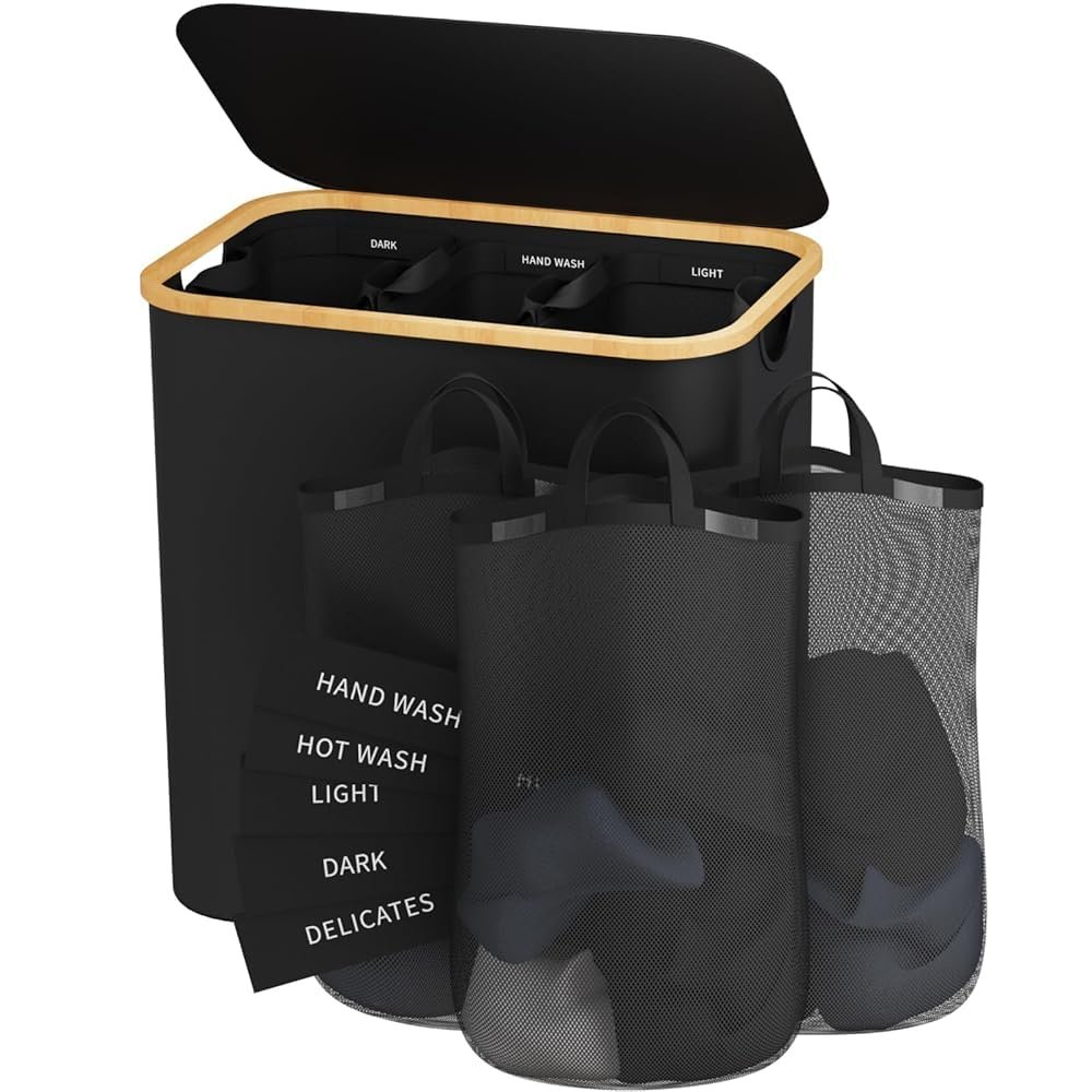 Laundry Hamper 3 Section, 145L Dirty Clothes Hamper with Lid, Extra Large Laundry Basket Organizer with Removable Inner Bags & Labels for Laundry Room, Bedroom, Black