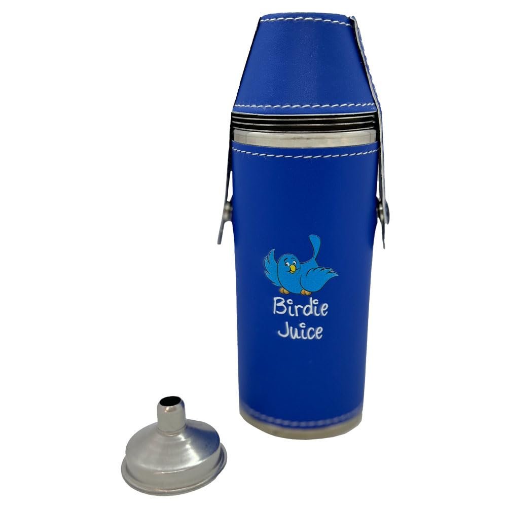 Giggle Golf 8 oz Birdie Juice Flask Set with 4 Shot Glasses & Funnel | Fun Golf Gift. Stainless Steel PU Leather Flask Perfect for Tournaments & Birdie Celebrations. (Royal Blue)