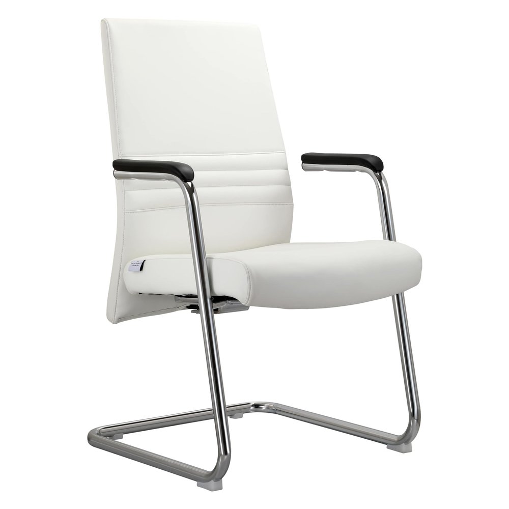 LeisureMod Aleen Mid-Century Modern Office Chair with Upholstered Leather Seat and Metal Armrest, White