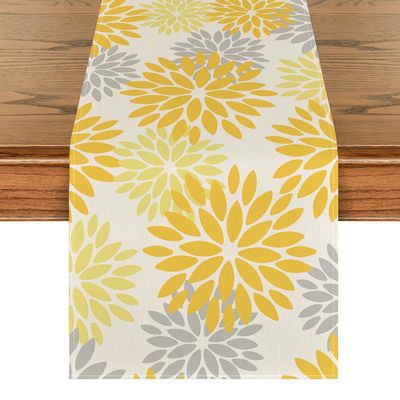 Artoid Mode Yellow Dahlia Floral Pinnata Summer Table Runner, Seasonal Spring Holiday Kitchen Dining Table Decoration for Home Party Decor 13x72 Inch