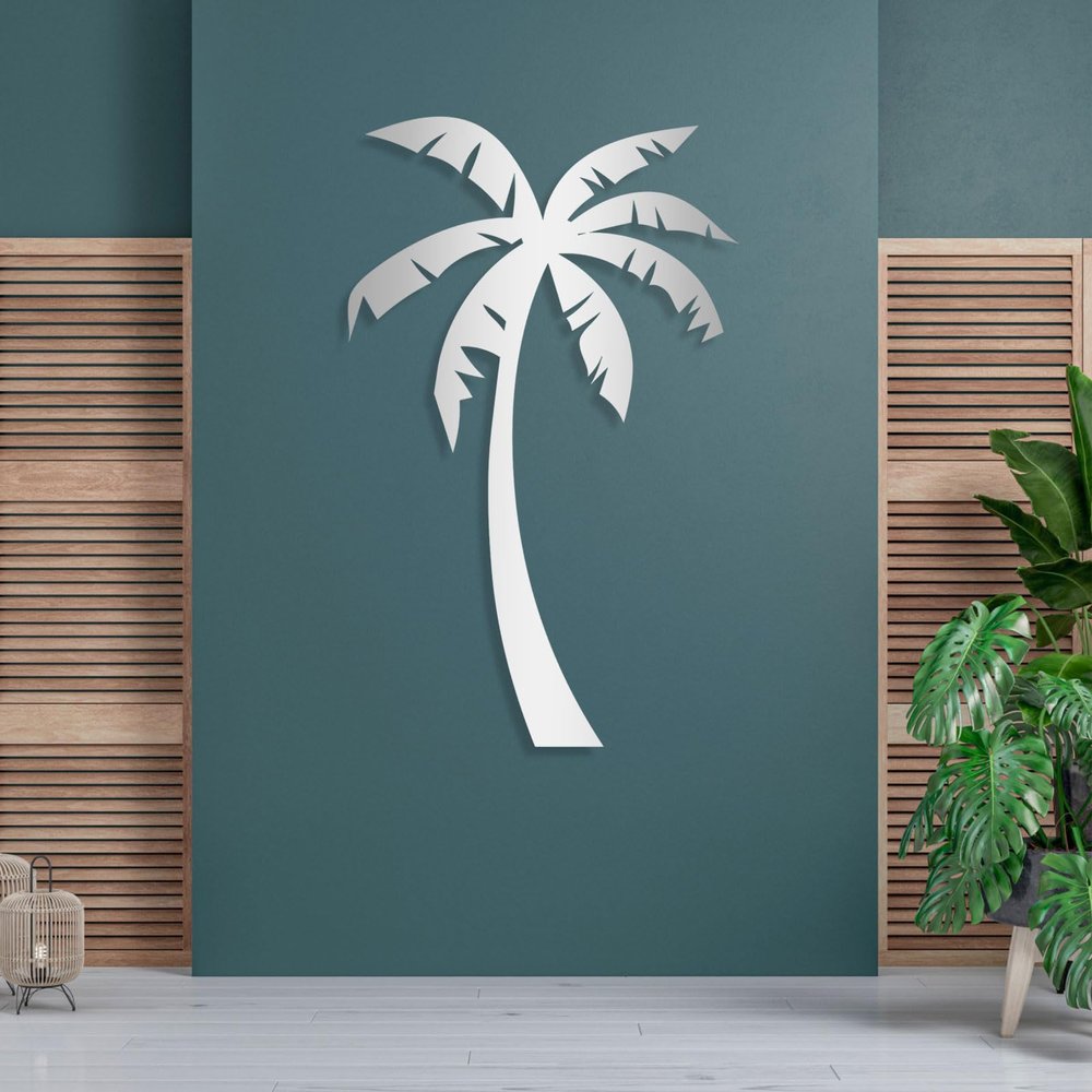 Palm Tree Metal Wall Art, Metal Palm Tree, Tropical Palm Tree Decor, Metal Wall Decor, Vacation Beach Themed Sign, Metal Tree Wall Art, Coastal Wall Decor, Home Living Room Wall Decor (30"x19" | 76x47cm, Silver)
